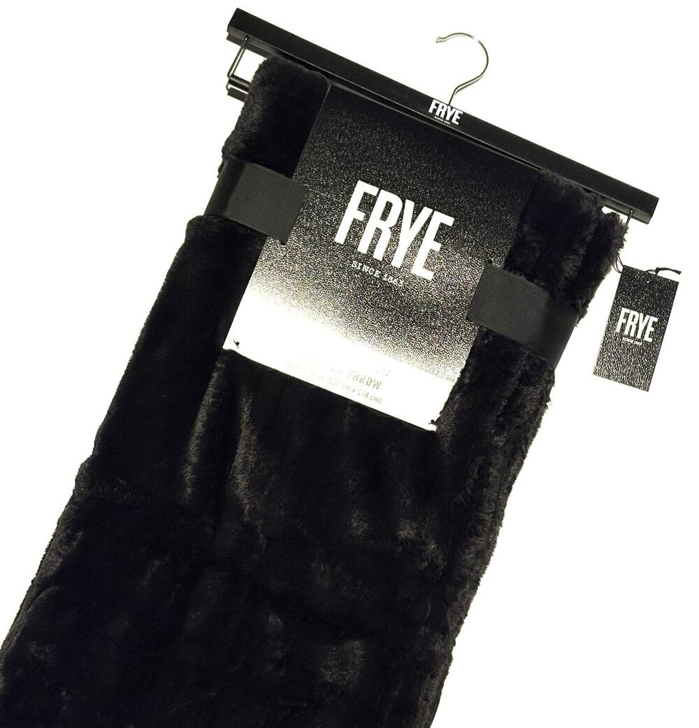 FRYE Faux Fur Throw Blanket Black TEXTURED Plaid 50 X 70" NWT
